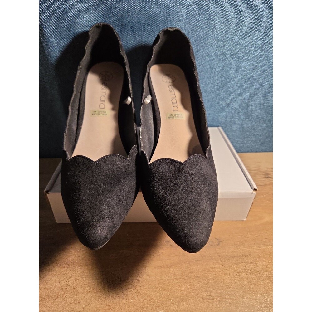 Esmara Black Suede Scalloped Heels Pumps Pointed Toe Size 8 - Picture 10 of 16
